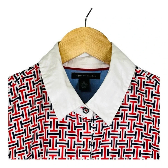 Tommy Hilfiger Y2K Red Blue TH‎ Logo Print Button Down Shirt Women Size Medium - Picture 5 of 10